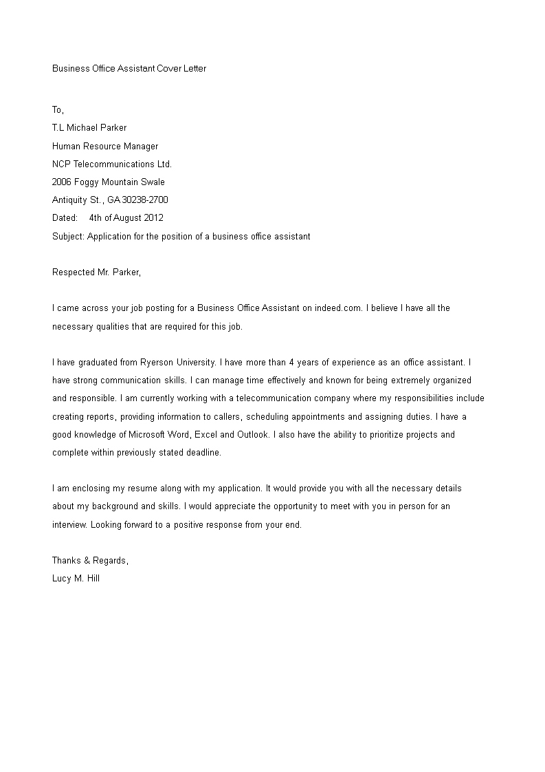 business office assistant cover letter sample template