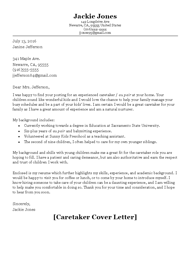 caretaker cover letter sample