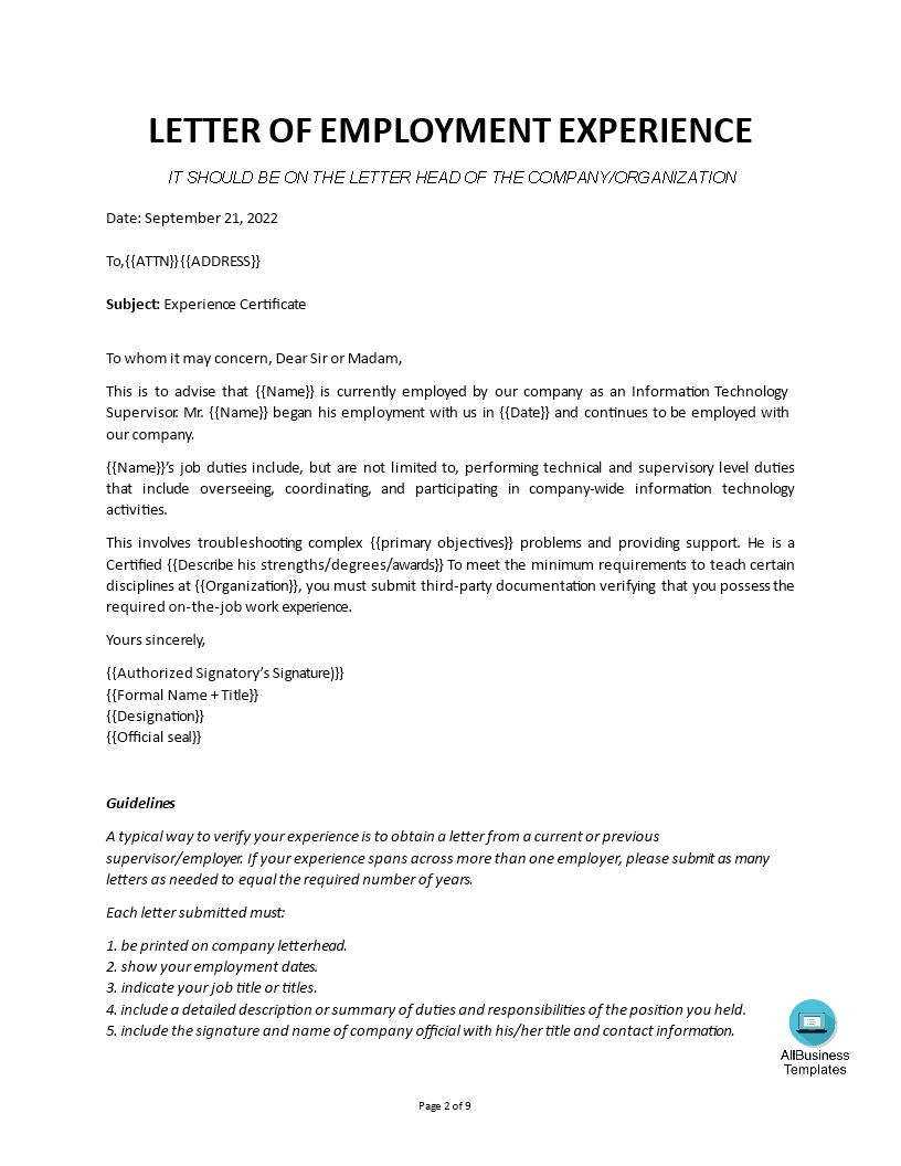 Kostenloses Work Experience Letter In Certificate Of Experience Template