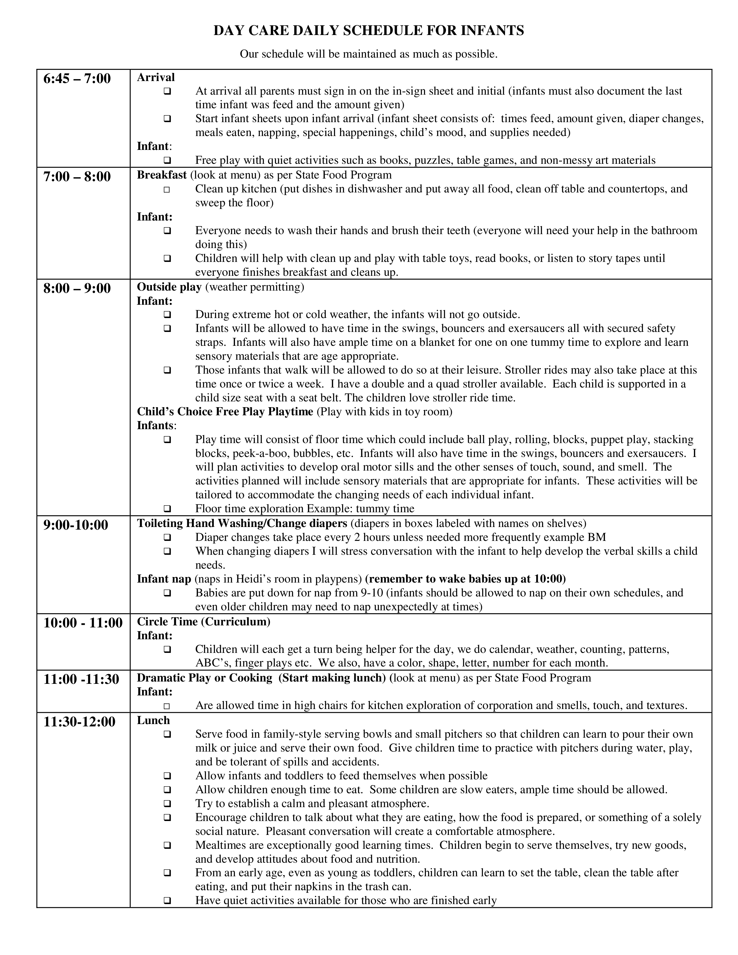 infant daycare schedule modèles