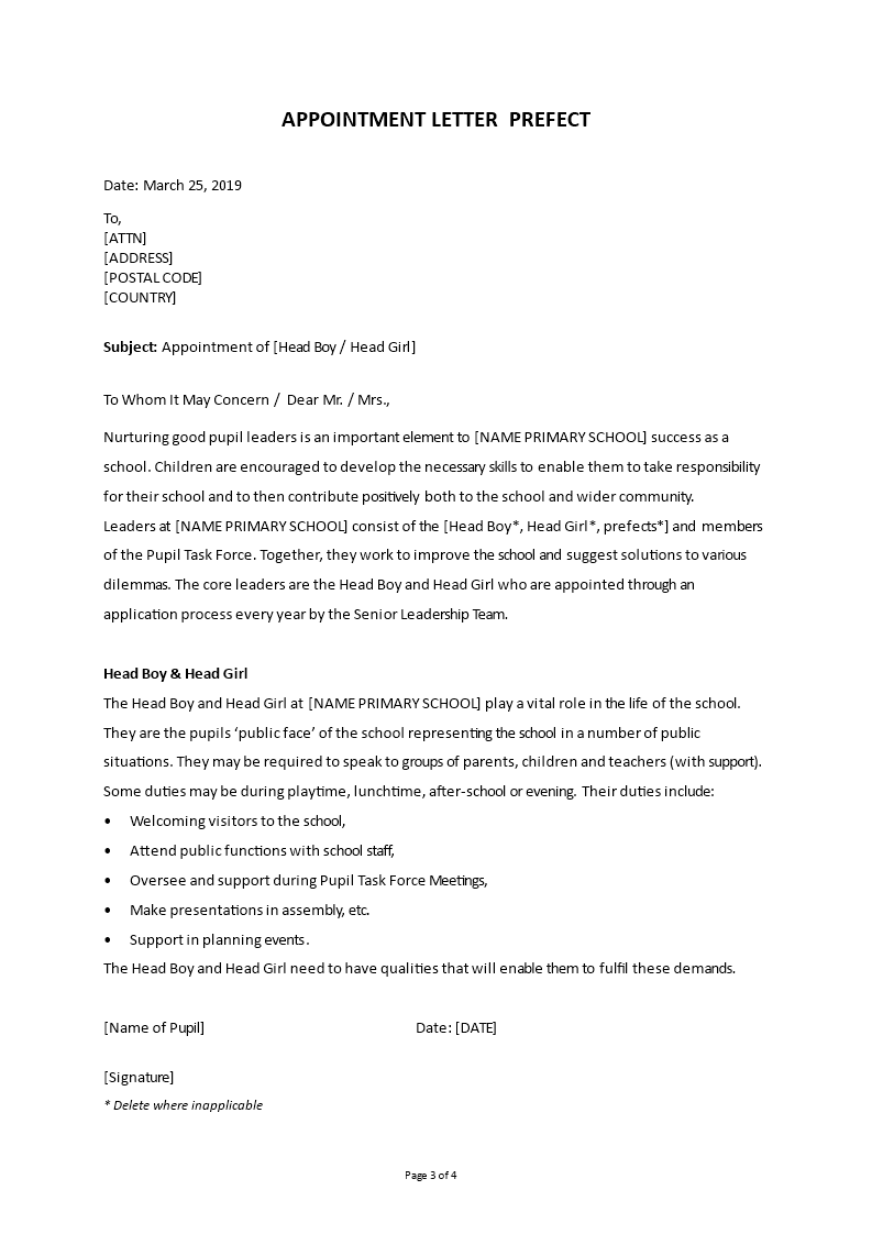 school prefect appointment letter template