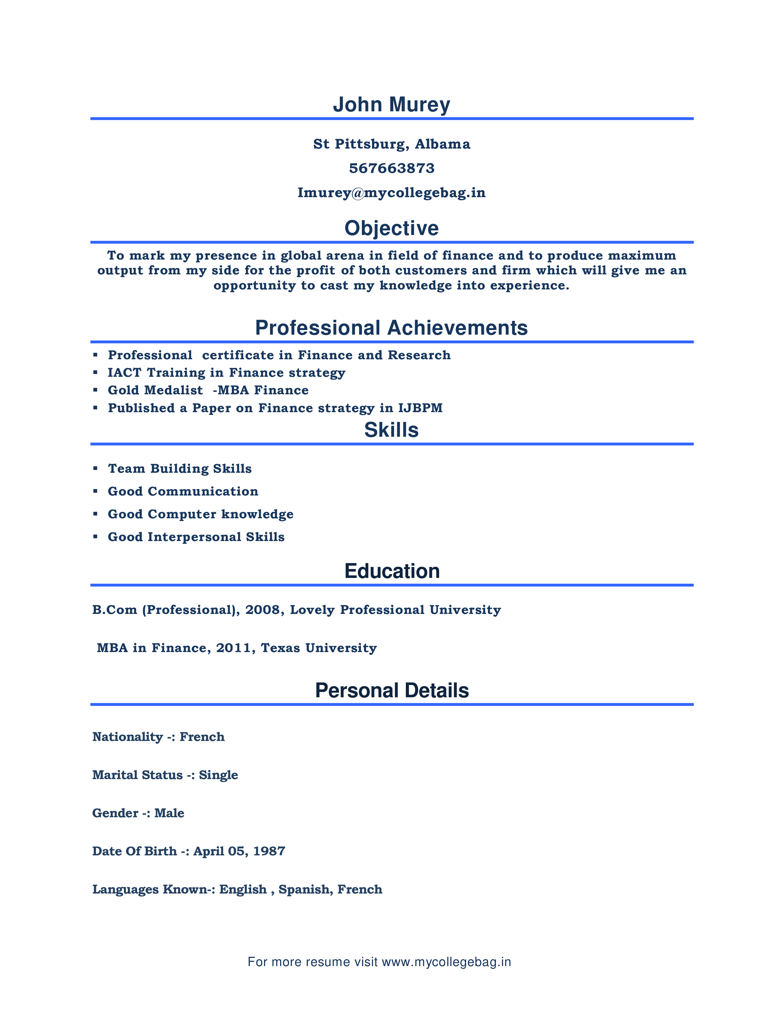 MBA Fresher Curriculum Vitae example main image