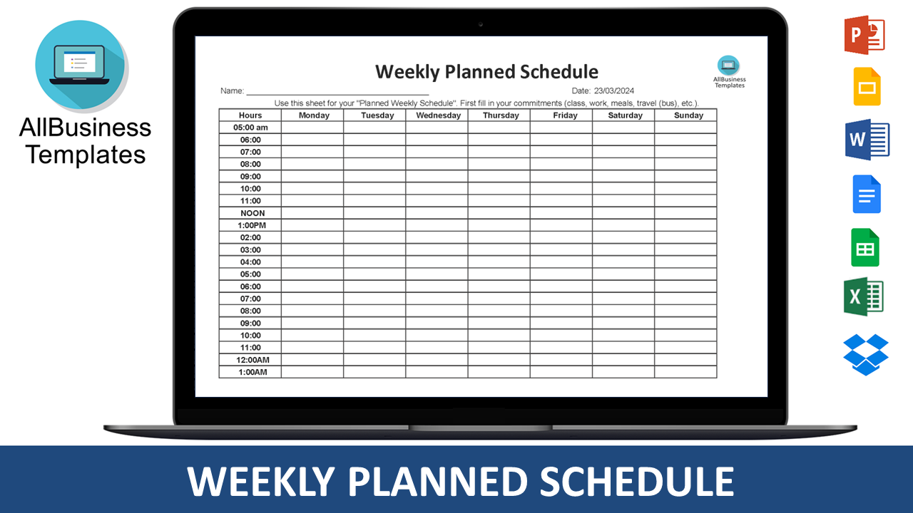 weekly planned schedule excel modèles