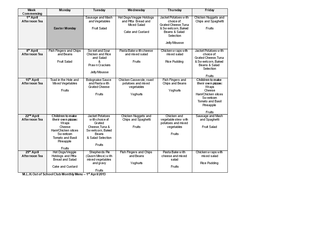 monthly menu template template