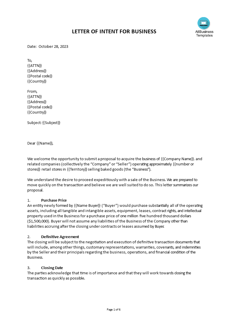 letter of intent for bussiness modèles