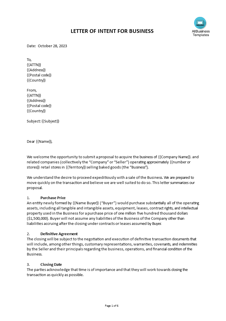 letter of intent for bussiness voorbeeld afbeelding 