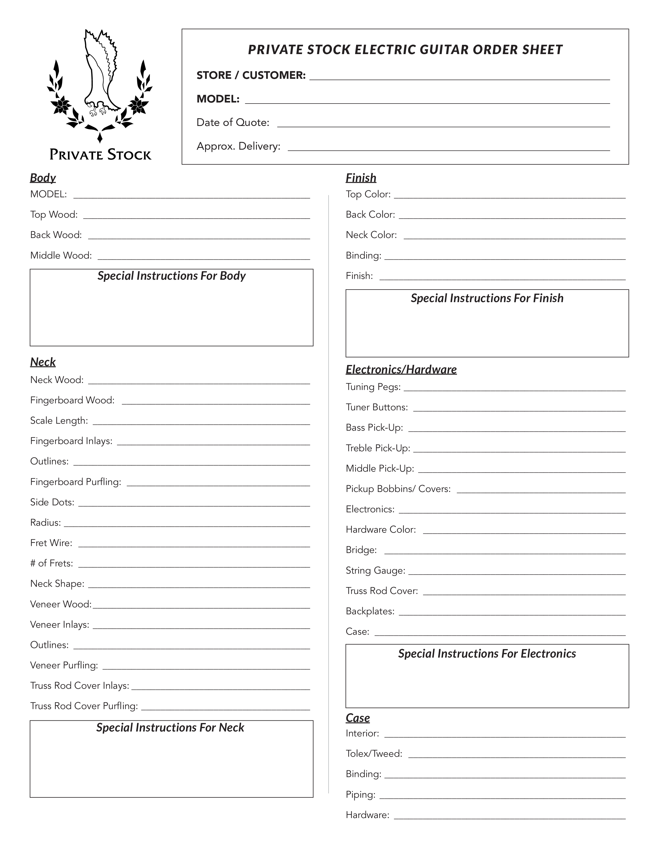 private stock electric guitar order sheet template