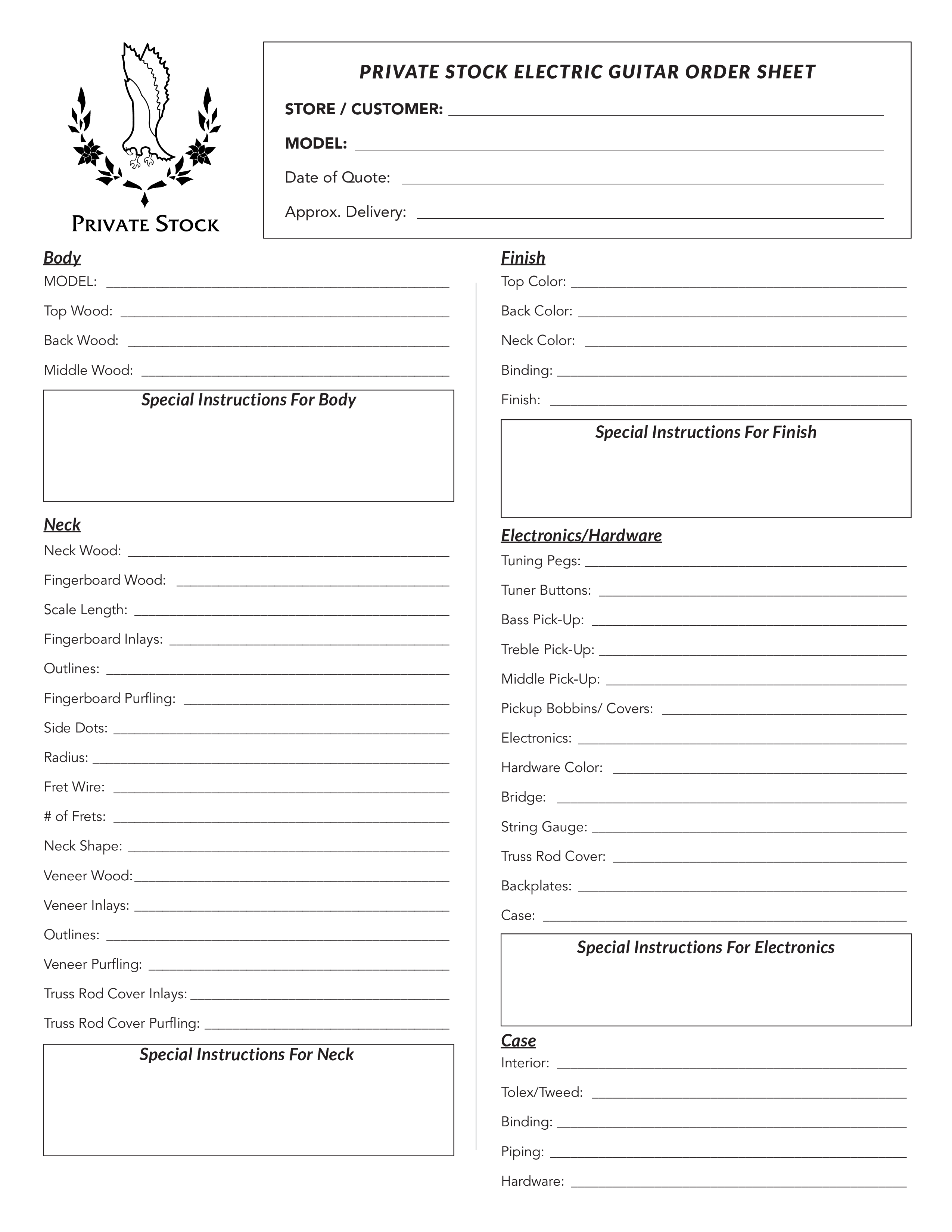 private stock electric guitar order sheet modèles