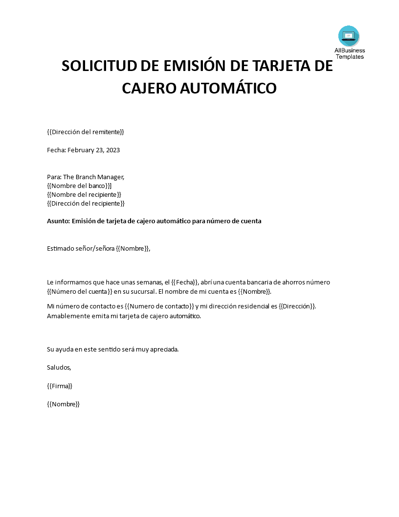 solicitud de emisión de tarjeta de cajero automático voorbeeld afbeelding 