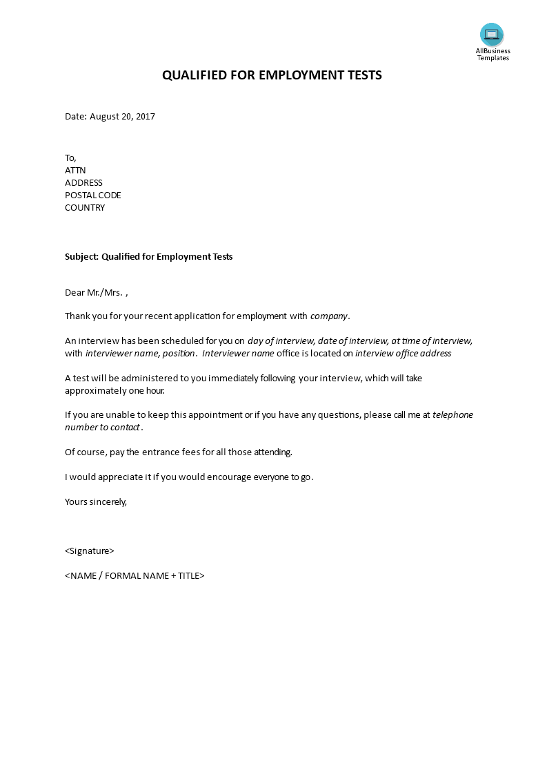 appointment for employment test invitation letter Hauptschablonenbild