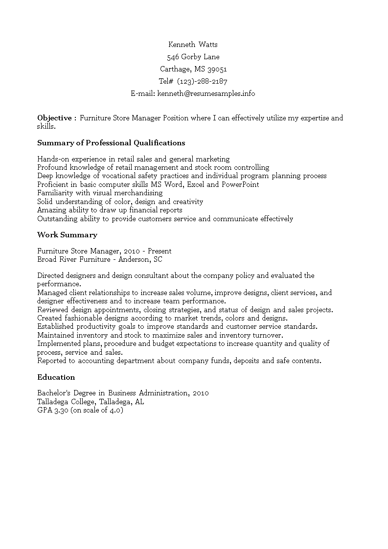 Furniture Store Manager Resume 模板