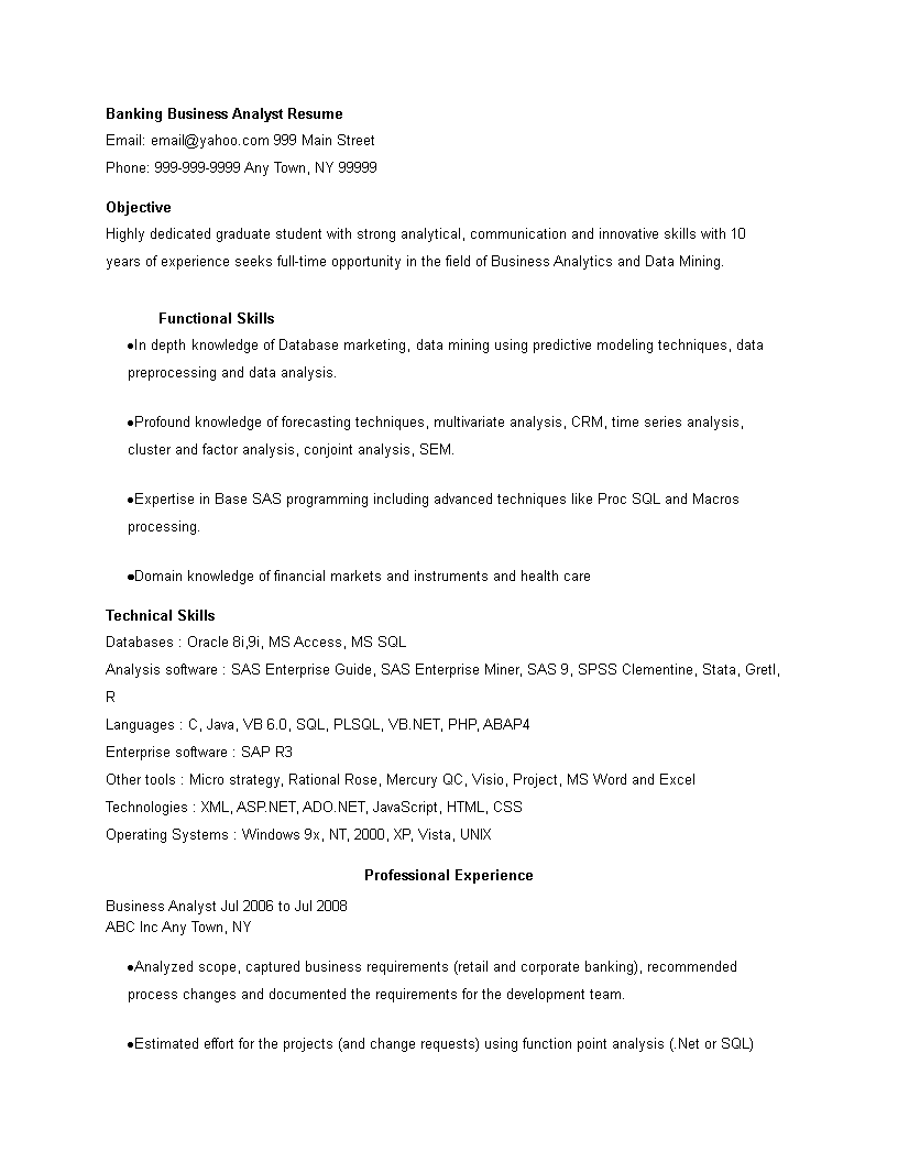 banking business analyst resume template