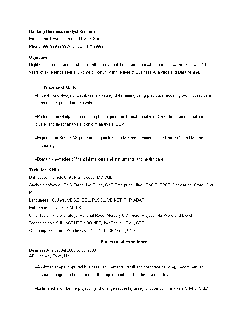 Banking Business Analyst Resume 模板