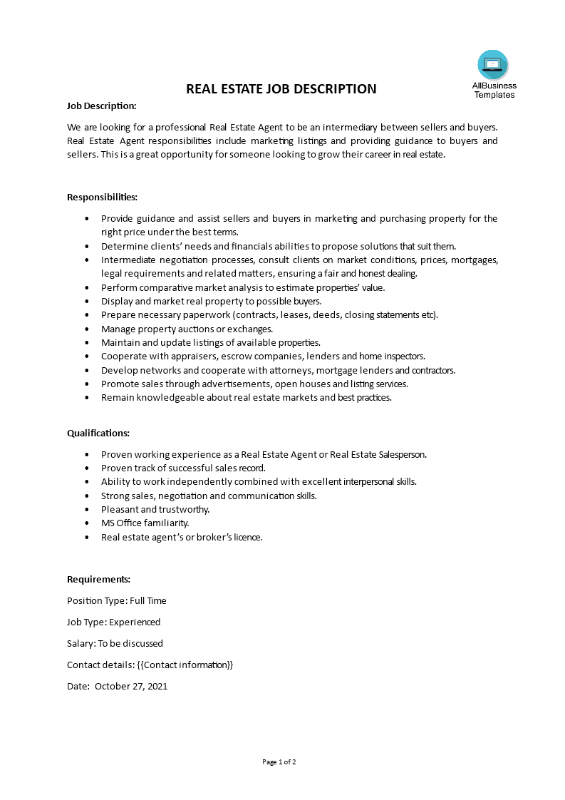 real estate job description template