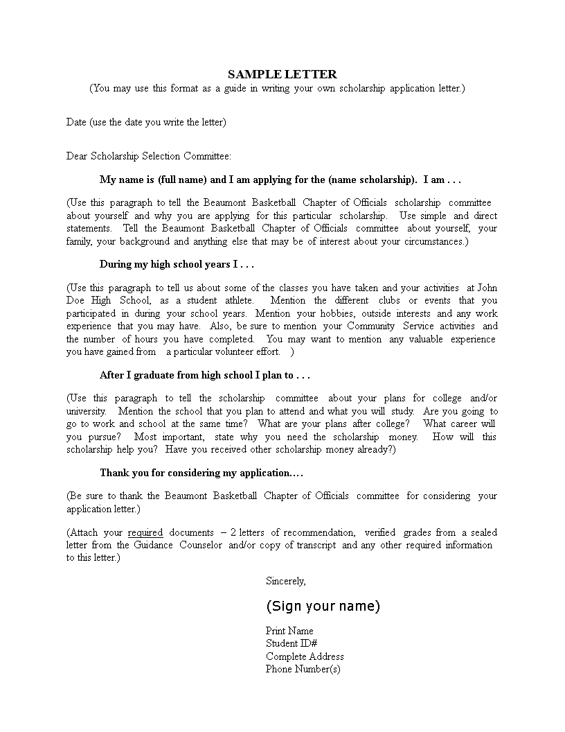 Kostenloses College Scholarship Application Letter sample