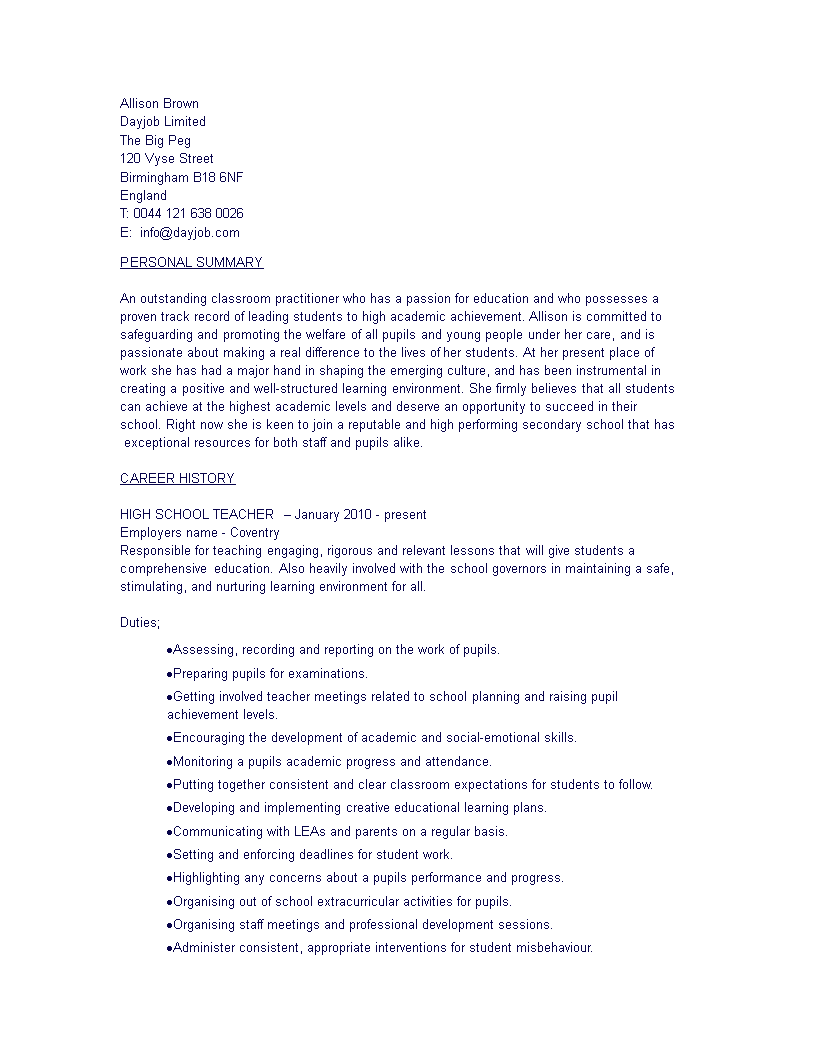 high school teacher resume format template