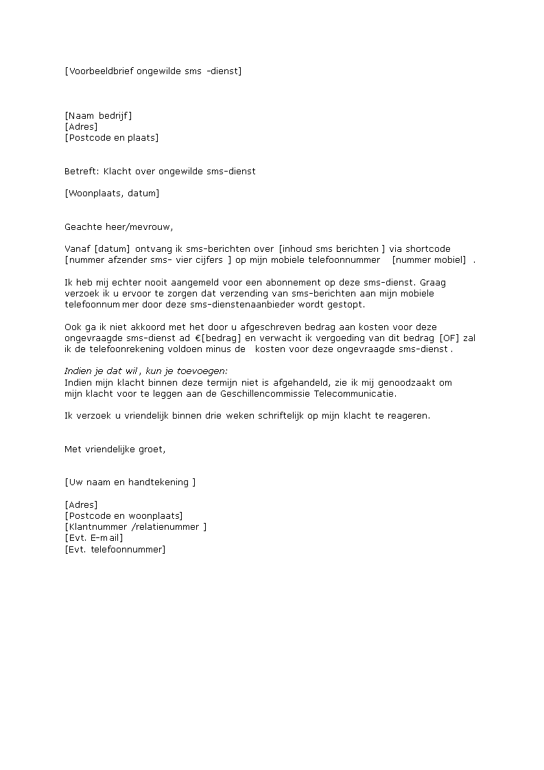 ongewilde smsdienst template