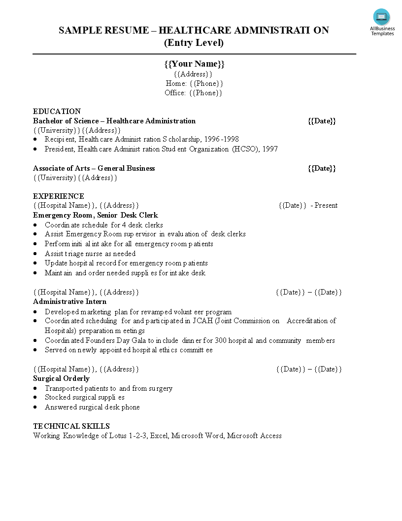 healthcare administration resume template