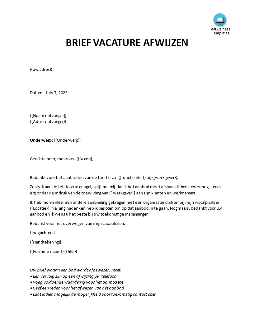 afwijzingsbrief baan aanbieding plantilla imagen principal