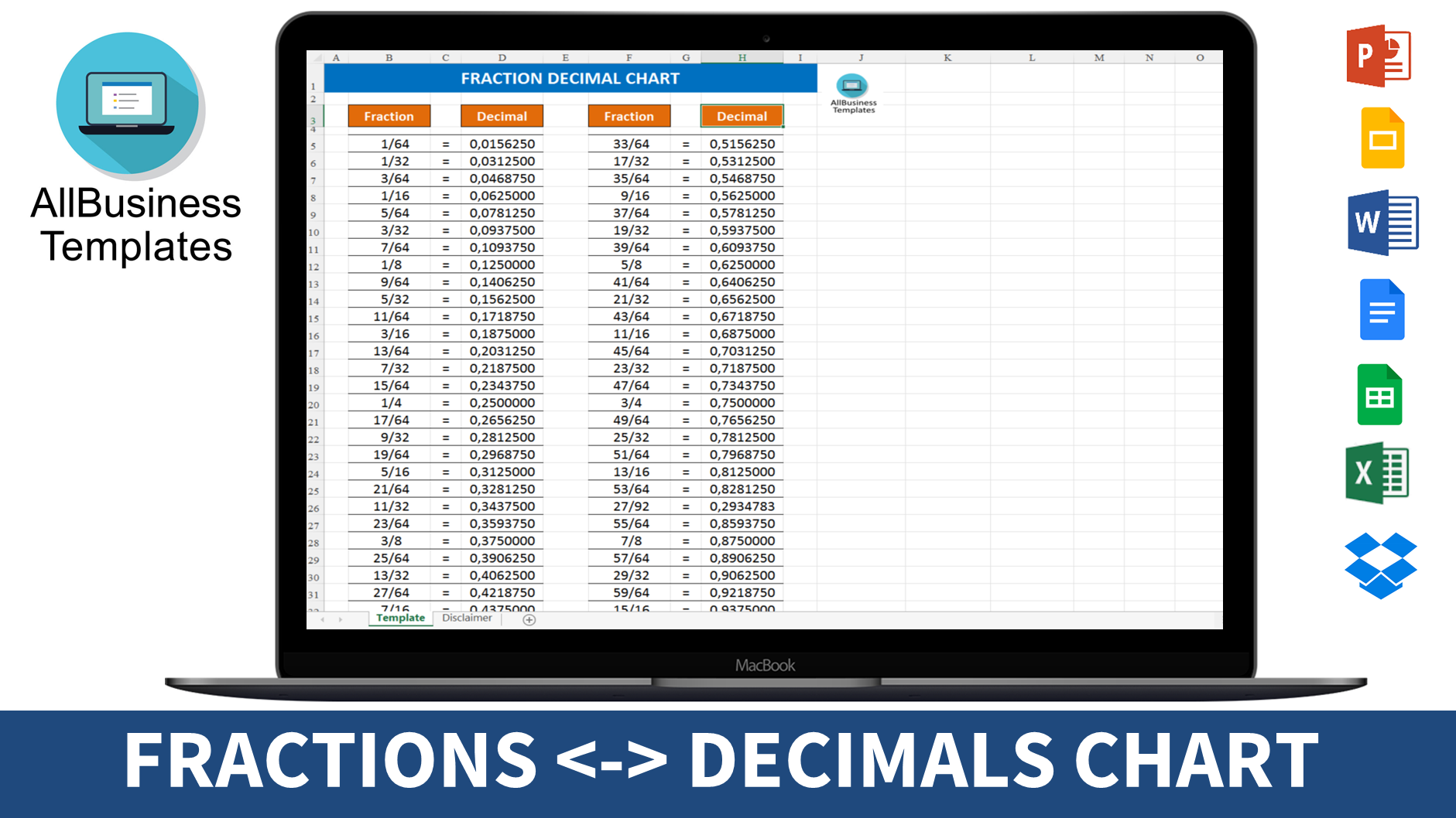 fraction decimal chart template