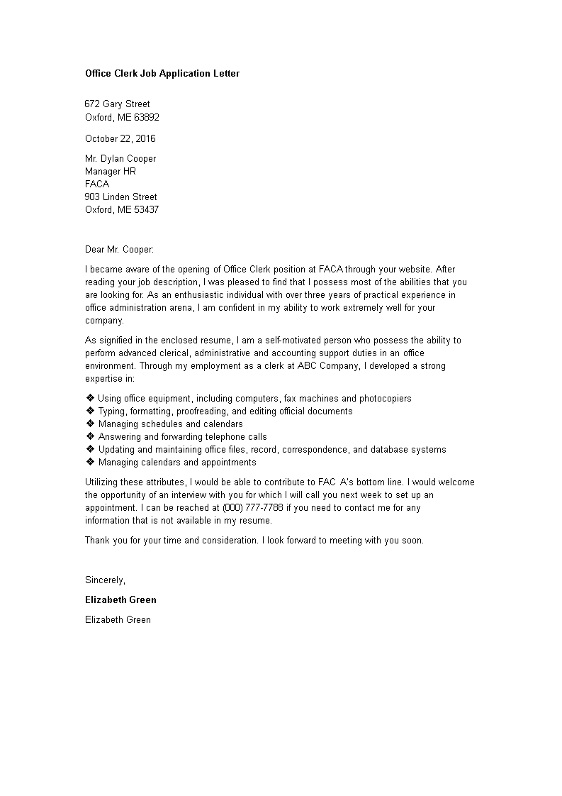 sample cover letter for a sales clerk position