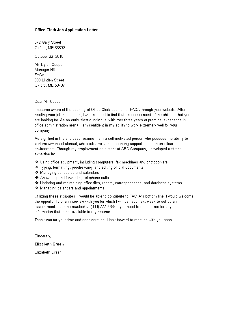 application letter sample for clerk position