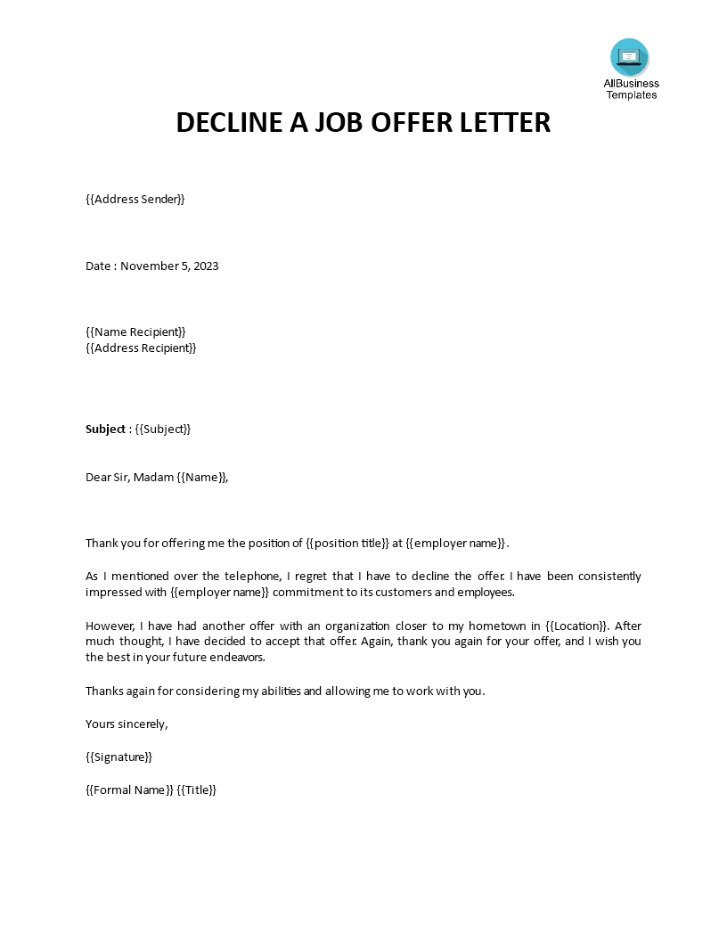 Turn down a job offer letter sample