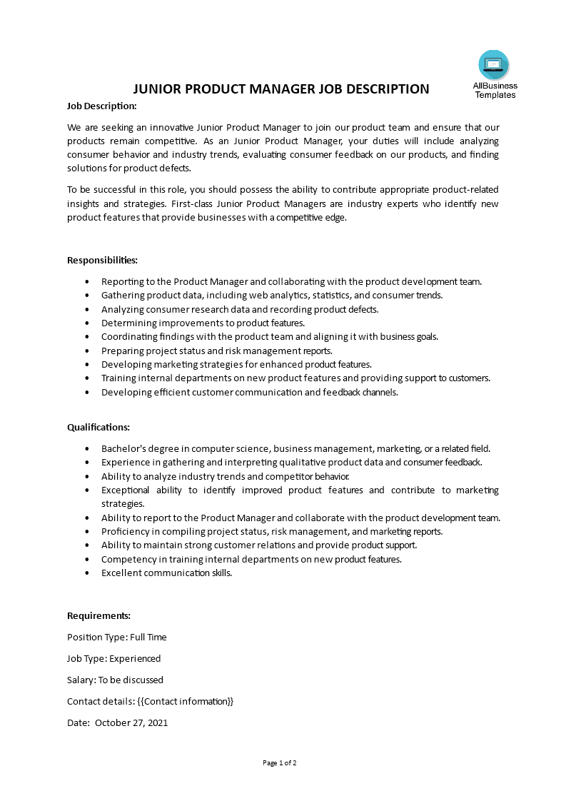 Junior Product Manager Job Description main image