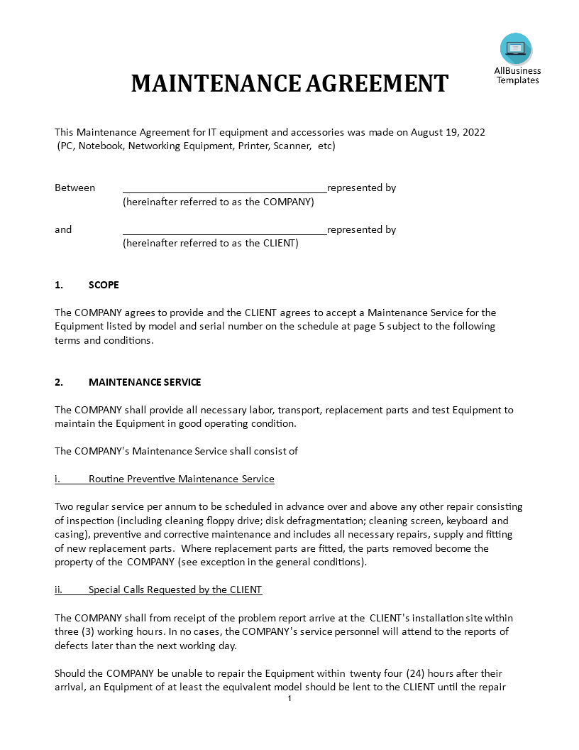 maintenance agreement it equipment template