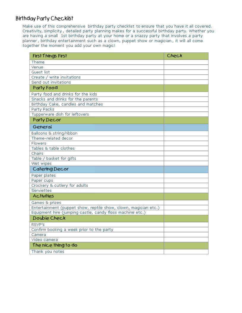 Birthday Party Planning Checklist 模板