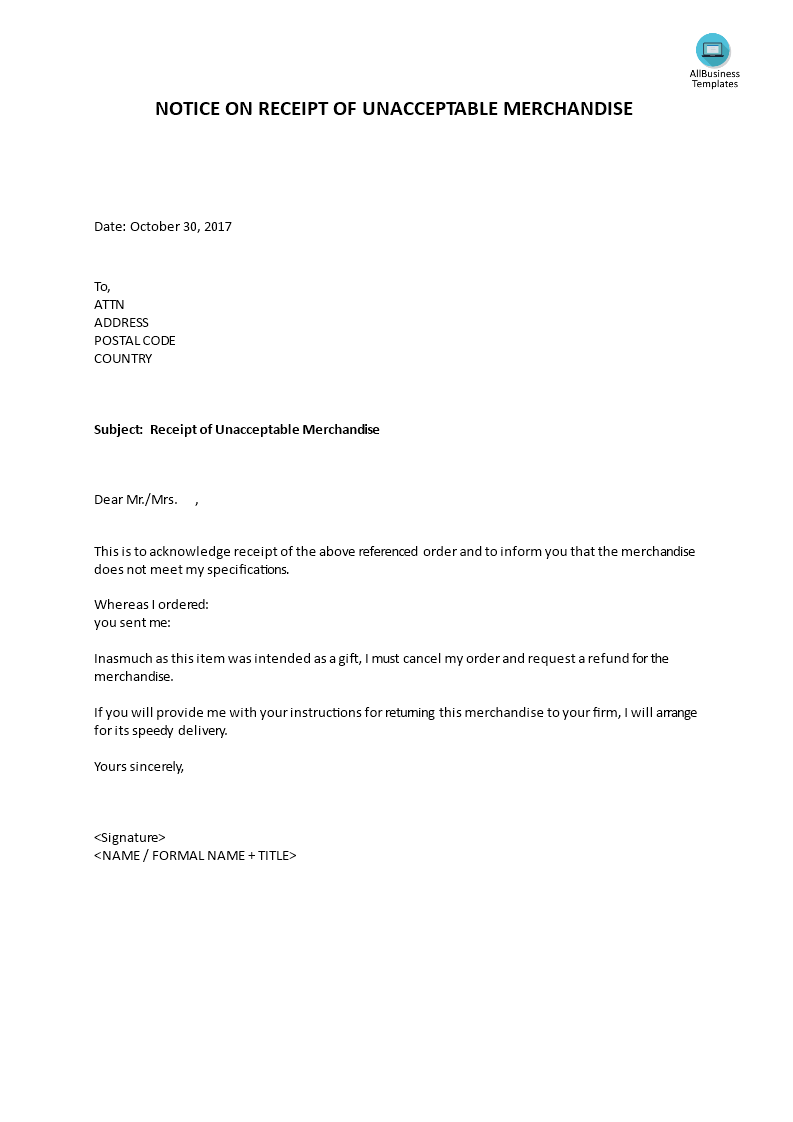 notice of receipt unacceptable products Hauptschablonenbild