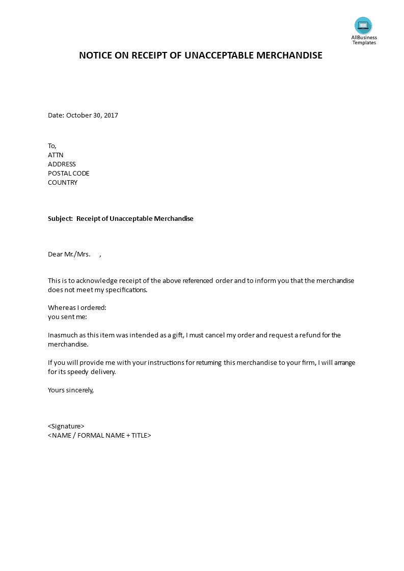 notice of receipt unacceptable products voorbeeld afbeelding 