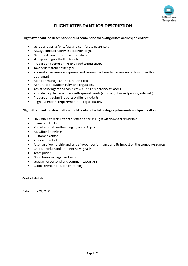 flight attendant job description voorbeeld afbeelding 