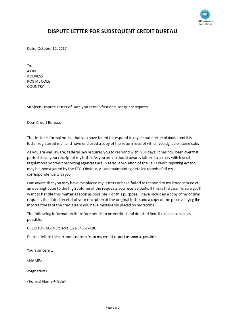 dispute letter for credit bureau template