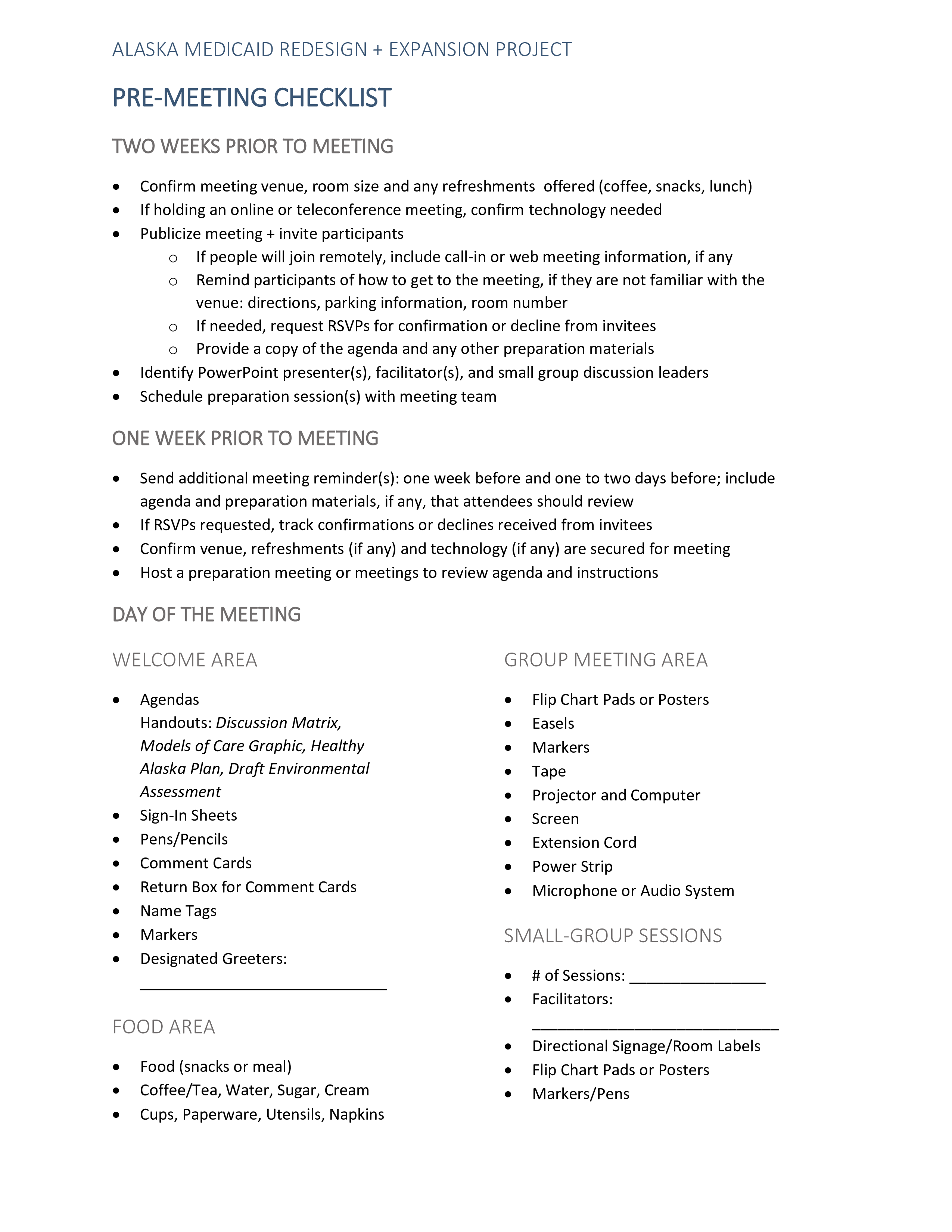Pre Meeting Checklist Templates at