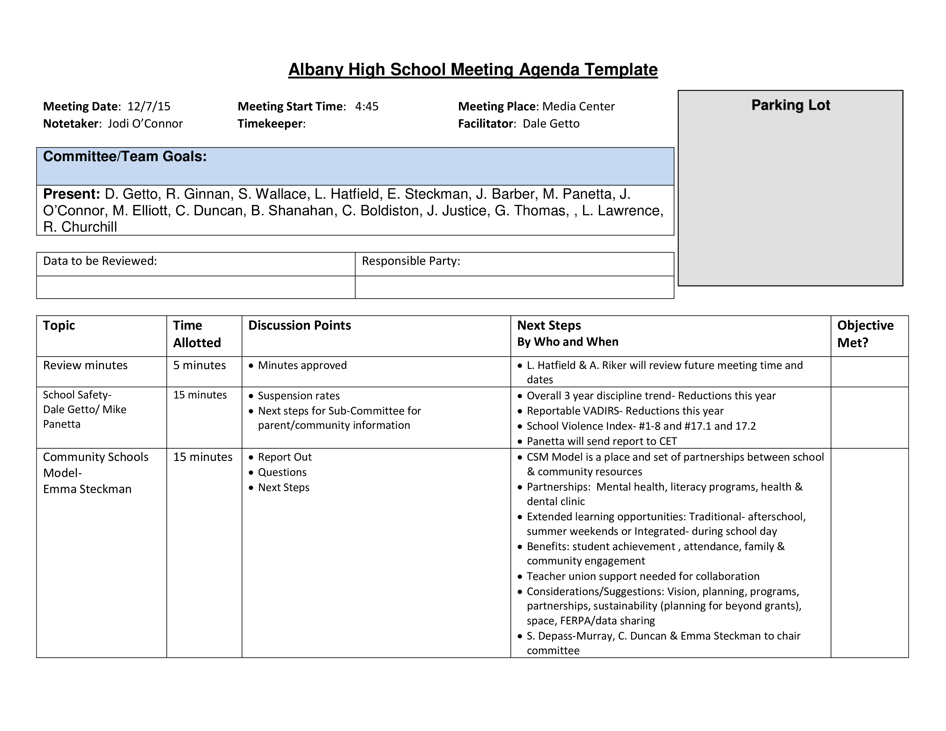 high school agenda template