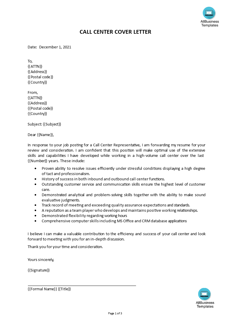 call center cover letter sample template