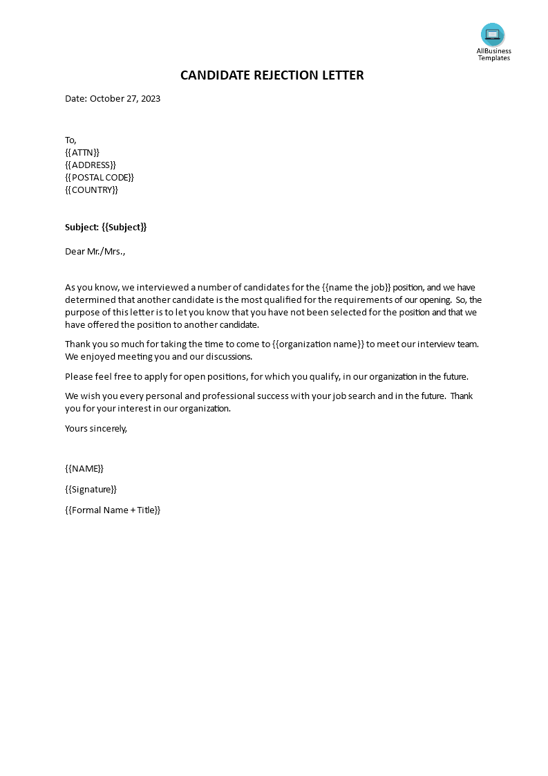 candidate rejection letter email template