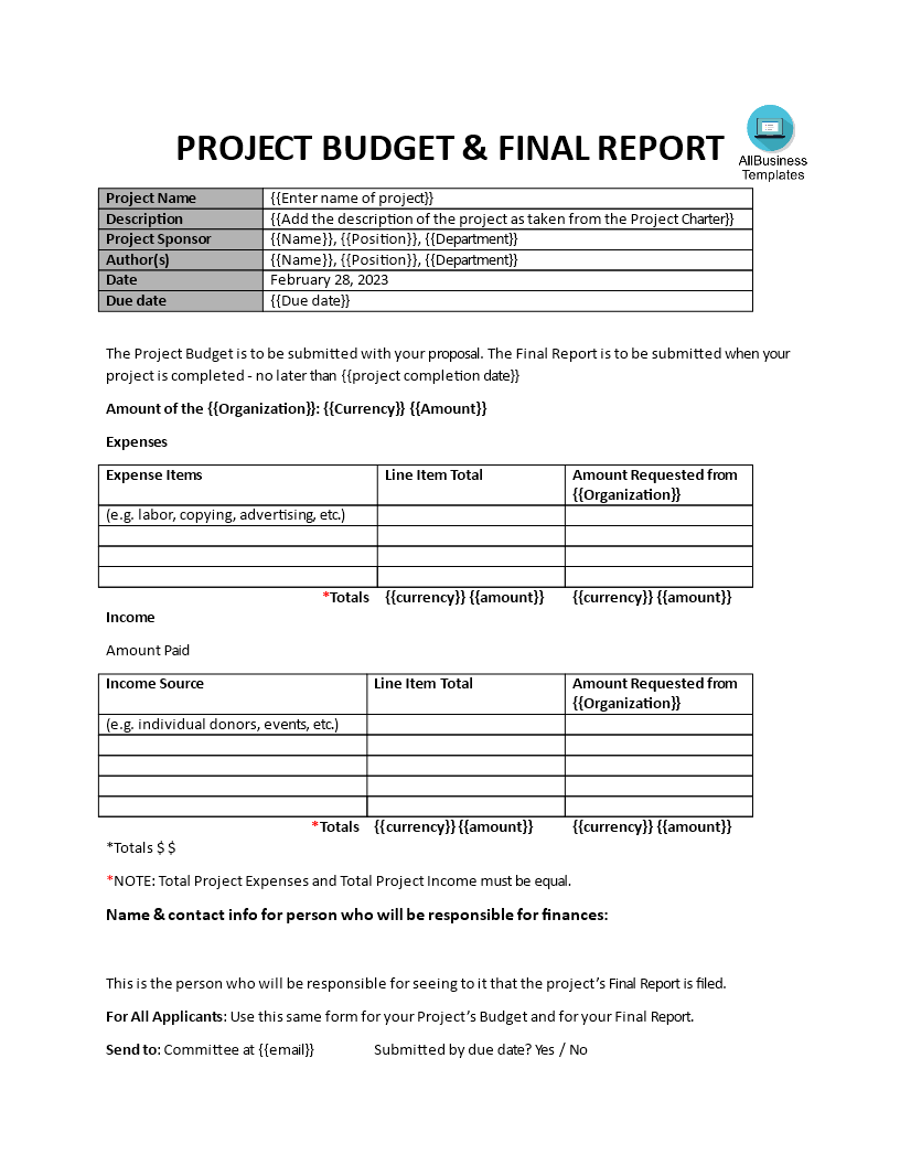 final project budget report template