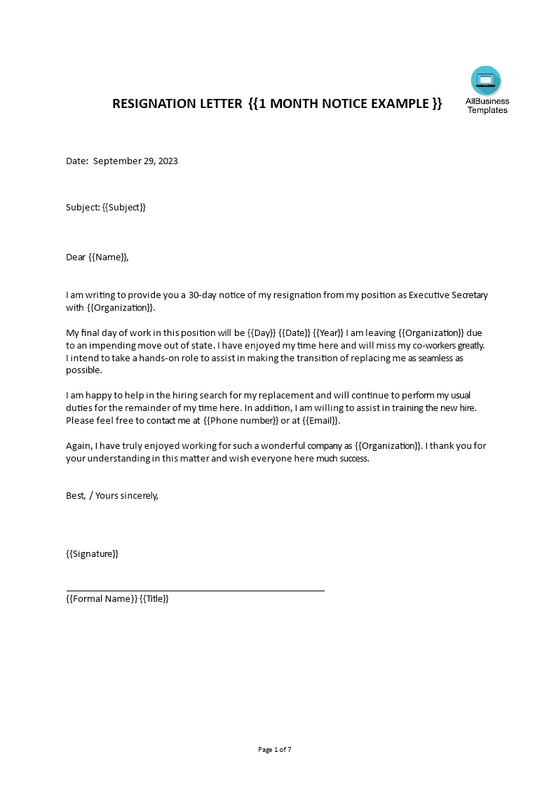 Resignation Letter 1 Month Notice Templates at