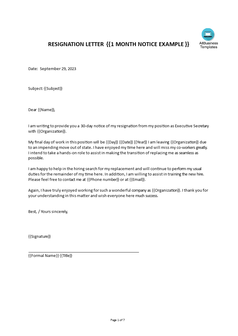 how to write a resignation letter 1 month notice