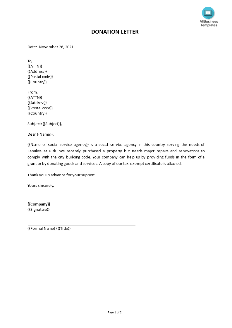 donation letter Hauptschablonenbild