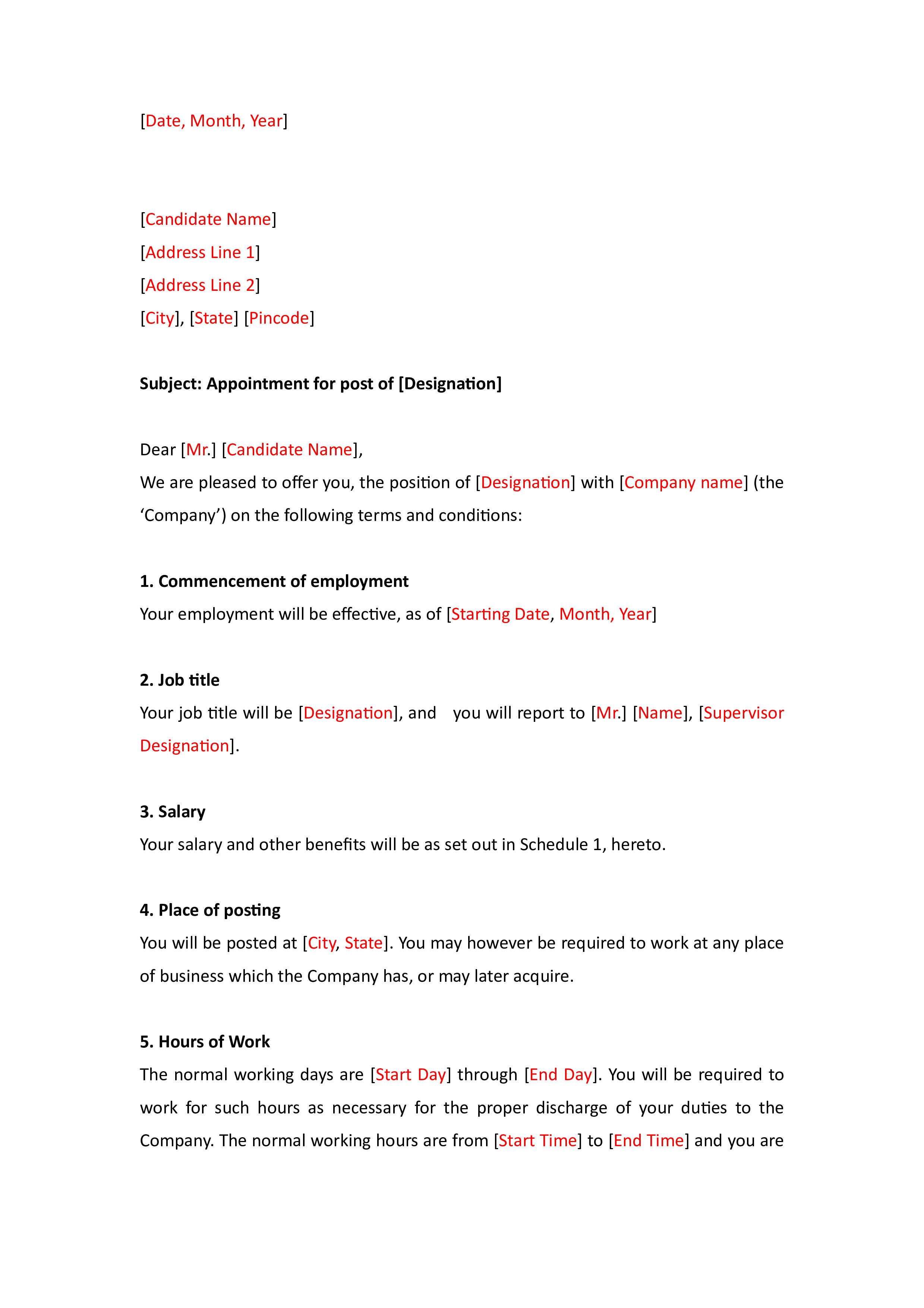 job appointment letter format template