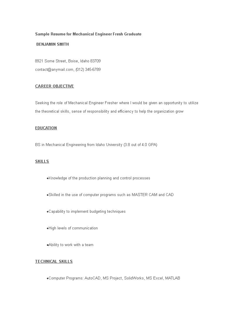 Mechanical Engineering Fresher CV 模板