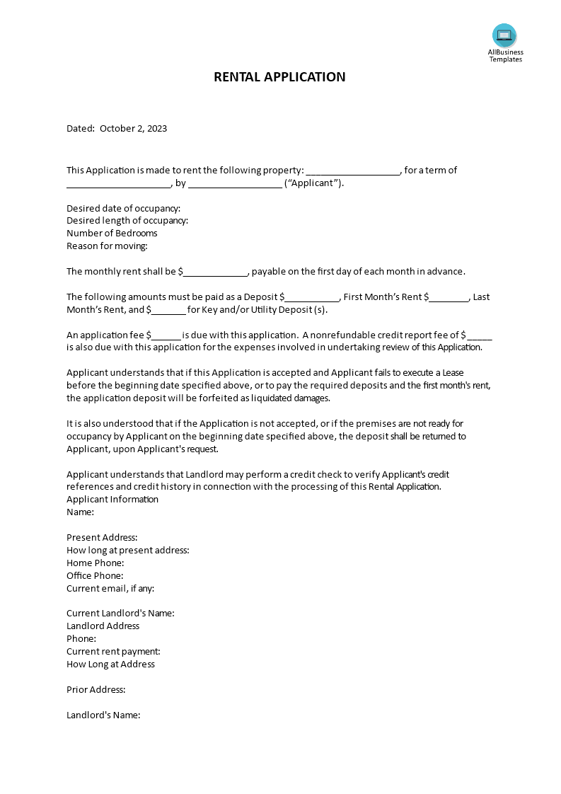 Rental Application Form Template main image