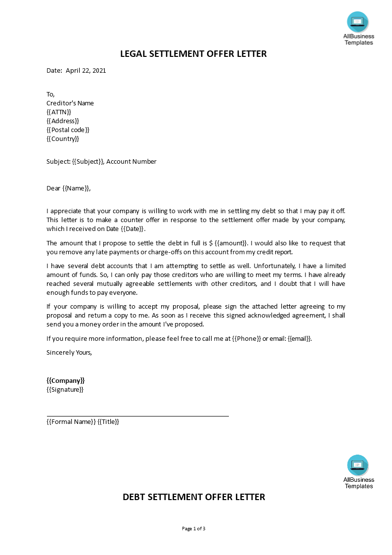 debt settlement offer letter template