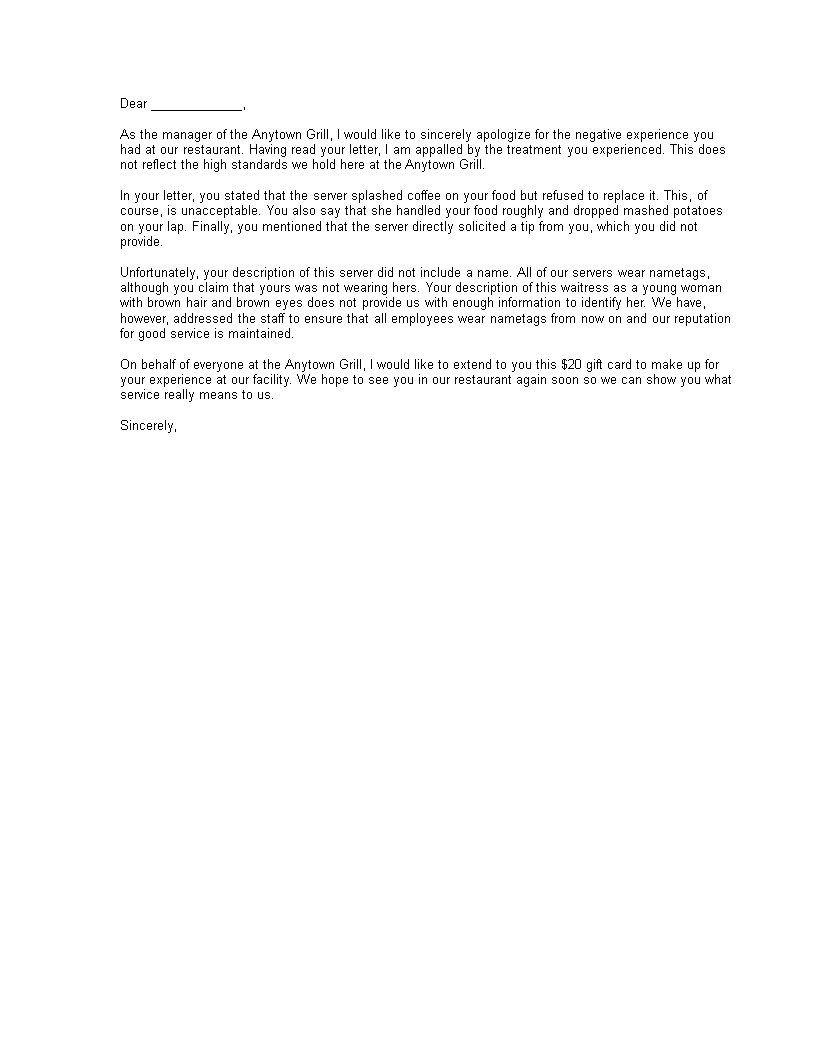 negative experience restaurant visit complaint response letter Hauptschablonenbild