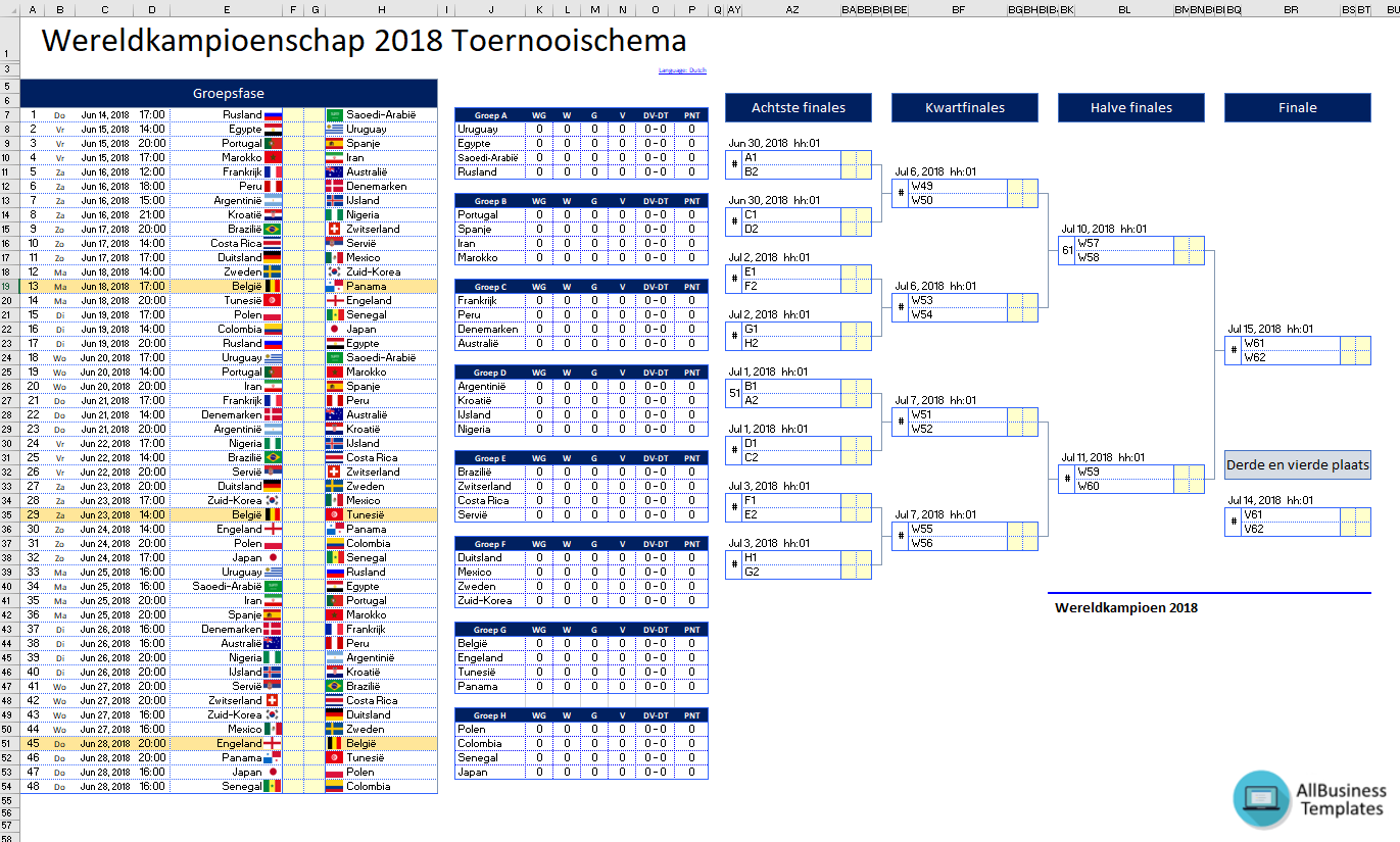 WK FIFA 2018 Toernooischema als Excel Template main image