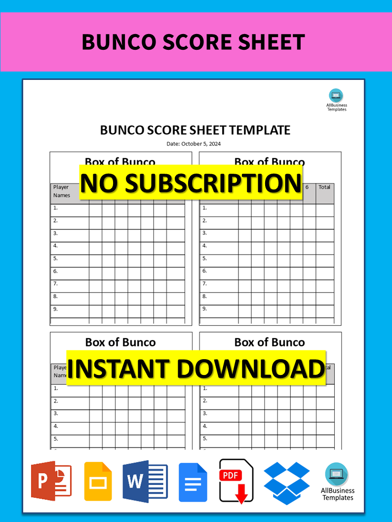 bunco score sheet Hauptschablonenbild