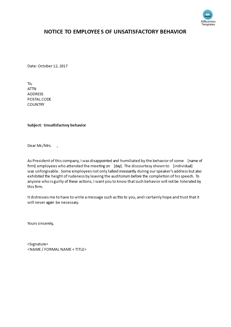 notice to employees of unsatisfactory behavior Hauptschablonenbild